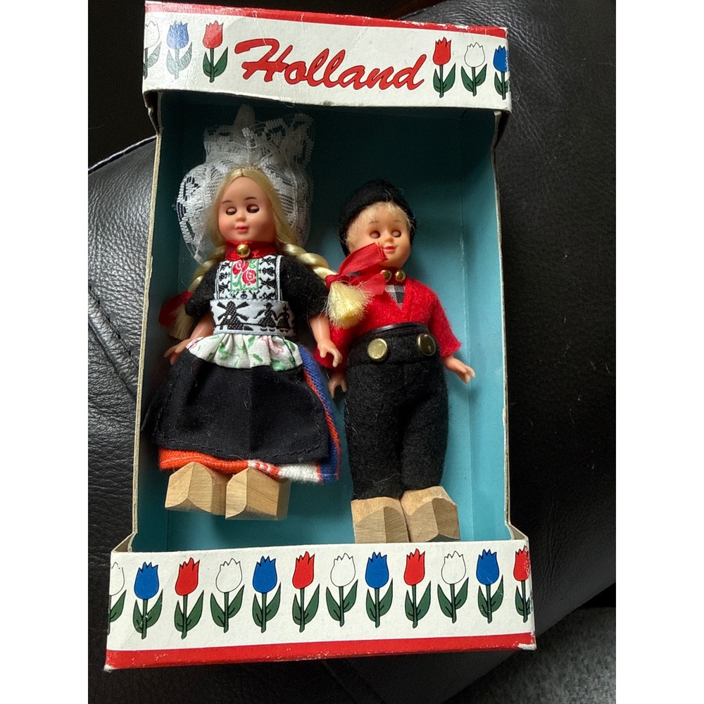 Vintage Holland Souvenir Dolls‎ Pair Traditional Dutch Costume Wooden Clogs Box